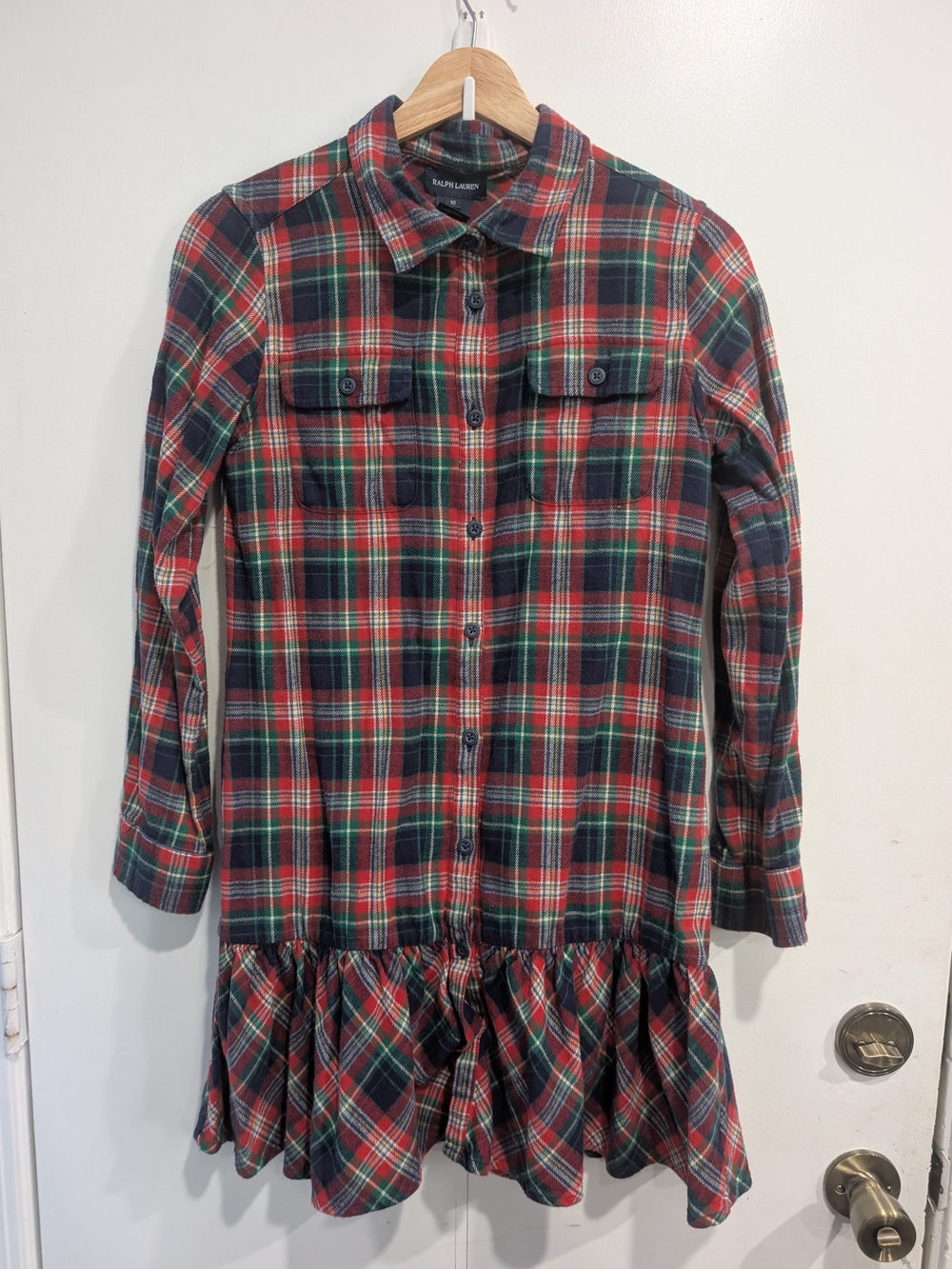 Ralph Lauren Red & Green Plaid Button-Front Ruffle Hem Dress Girl's Size 16